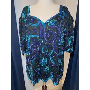 LAURENCE KAZAR (3X) VTG Sequin Silk-Beaded Silk Top-Floral-Peacock-